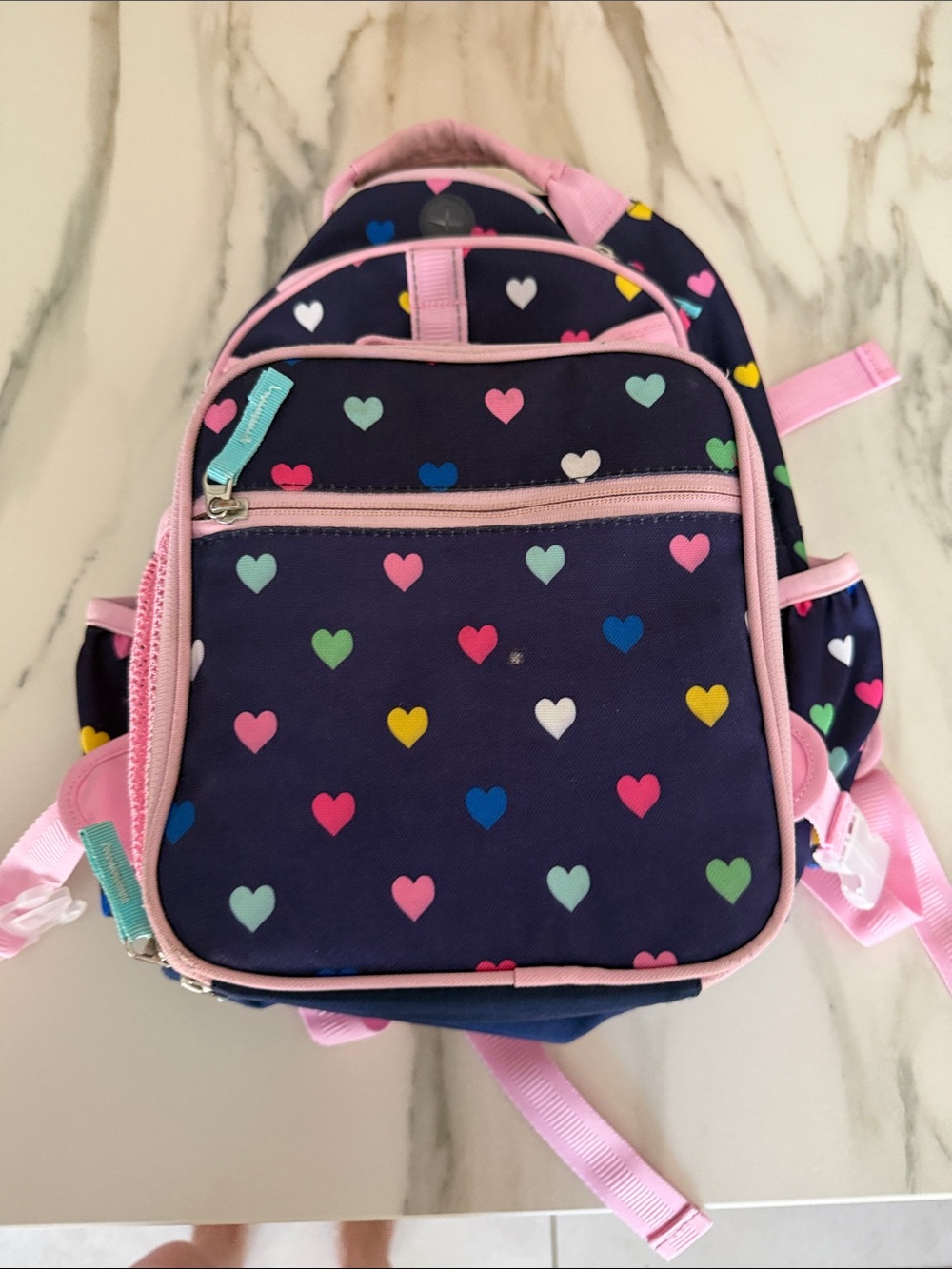 Kids Pottery Barn Heart Print Navy and Pink Backpack and lunchbox set